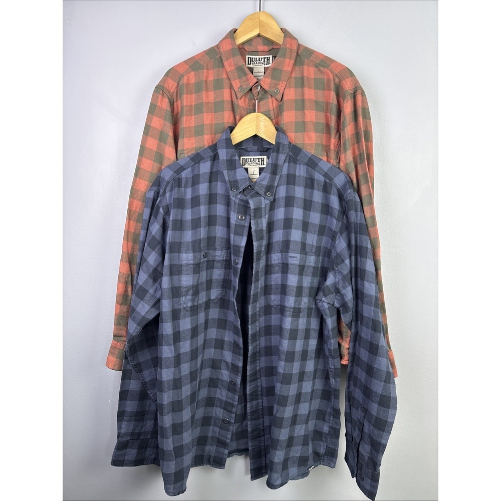 Duluth Trading Shirt Mens Large Button Up Blue Plaid Flannel Untucked Lot Of 2